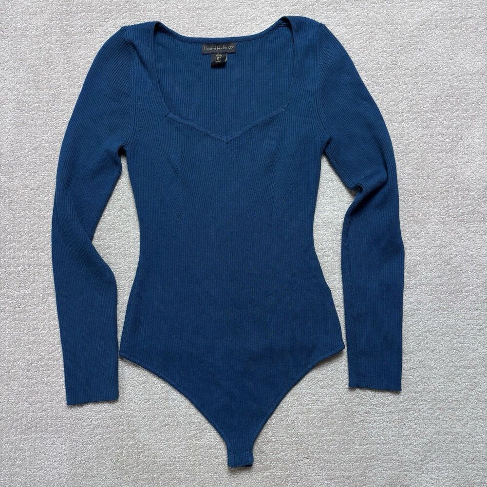 House of Harlow 1960 Women's Teal Long Sleeve Ribbed Bodysuit Sz L Minimal Chic
